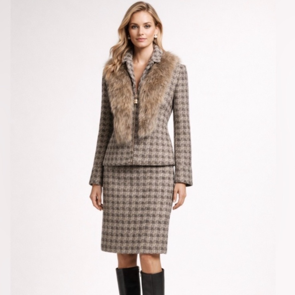 ST. JOHN fox fur Houndstooth knit wool Skirt suit set jacket silk lined - Picture 13 of 17